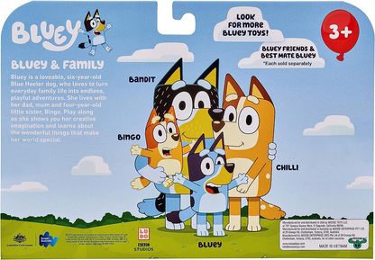 Bluey  Bluey and Family: Bingo, Bandit and Chilli Pacote de 4 figuras Figuras de ação de personagens articulados Brinquedo colecionável oficial de 2,5 polegadas