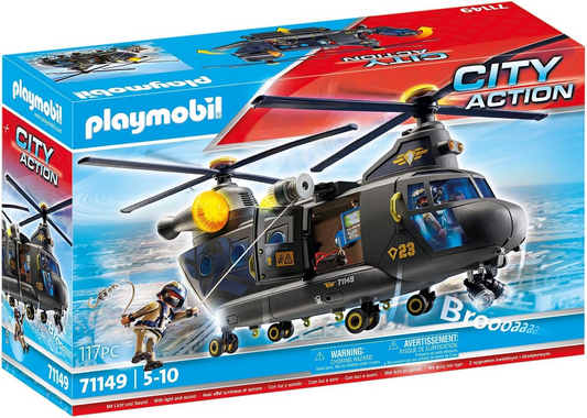 Playmobil 71149 Helicóptero de hélice dupla da polícia tática de ação urbana, helicóptero de resgate SWAT altamente detalhado com módulo de luz e som, encenação divertida e imaginativa, conjunto de brinquedos adequado para crianças de 5 anos ou mais