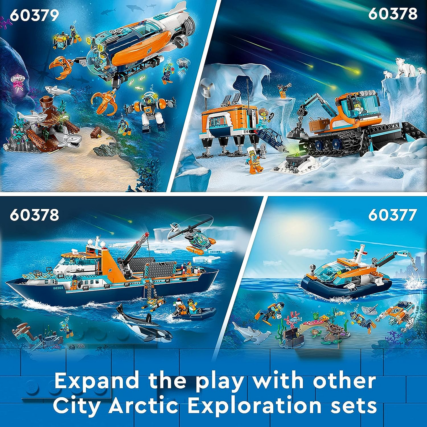 LEGO 60379 City Submarino Explorador de las Profundidades, Juguete Subacuático del Océano con Dron, Figuras de Tiburones, Minifiguras de Naufragio y Buzo, Regalo de Cumpleaños para Niños, Niños y Niñas a Partir de 7 Años