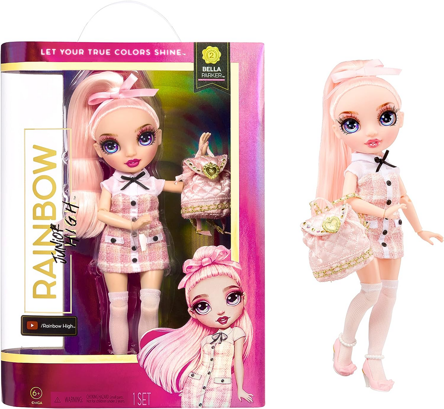 Rainbow High 582960EUC-0 Junior, Bella Parker, boneca fashion com roupa e acessórios, inclui mochila de tecido com recurso de abrir e fechar, presente e colecionável, 9"/23 cm, idade 6+