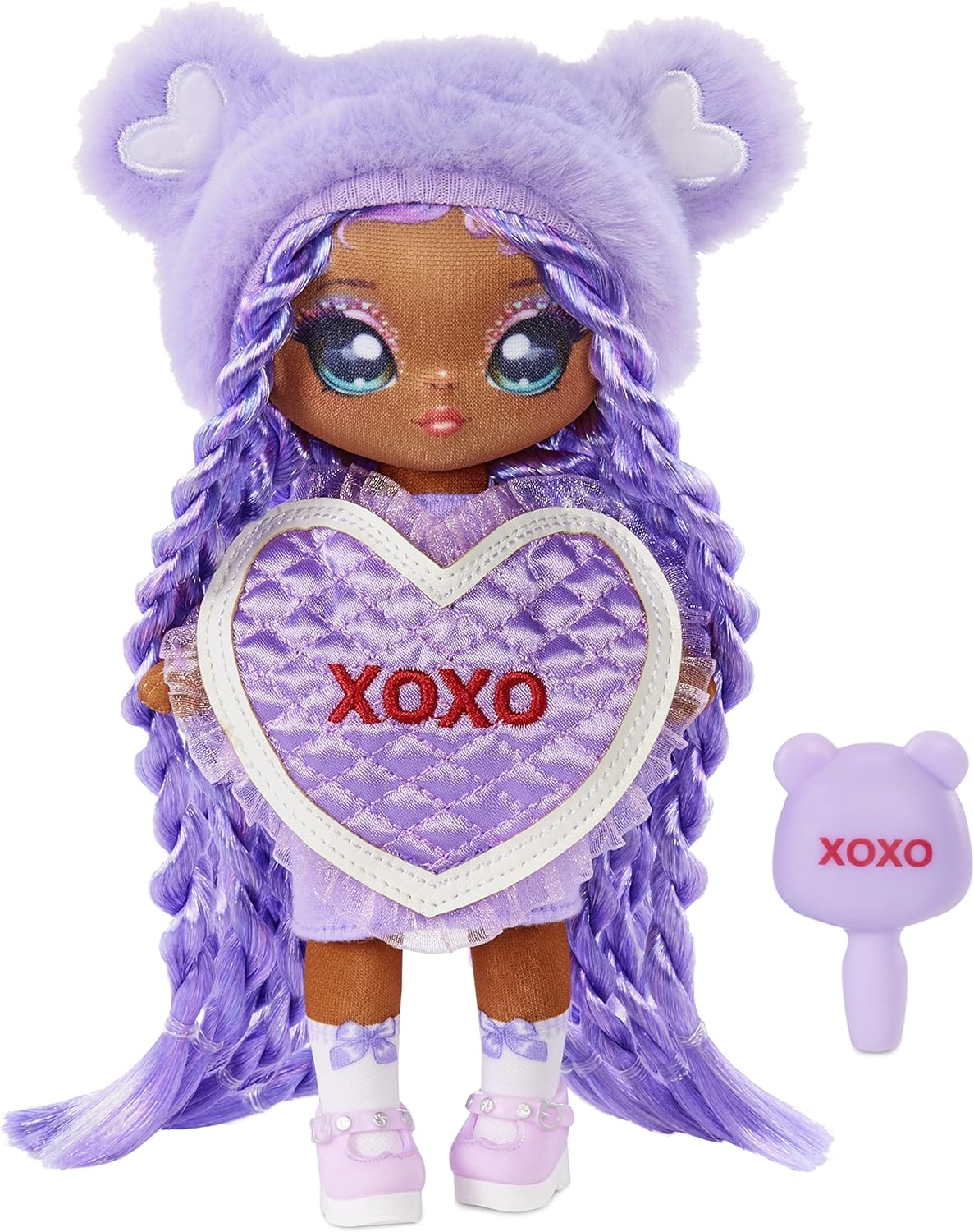 Na! Na! Na! Surprise 581314C3 Sweetest Heart Series Eva Evermore Boneca de pelúcia macia com cabelo roxo, vestido em formato de coração e escova para colecionar, ótimo presente para crianças a partir de 5 anos