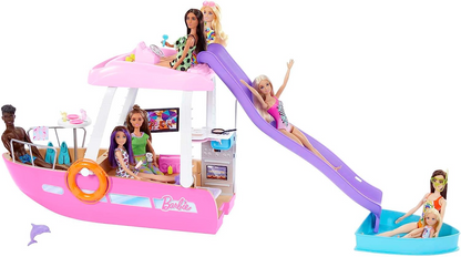Barbie   Barco com piscina e toboágua, Dream Boat Playset inclui mais de 20 peças como golfinhos e acessórios, HJV37