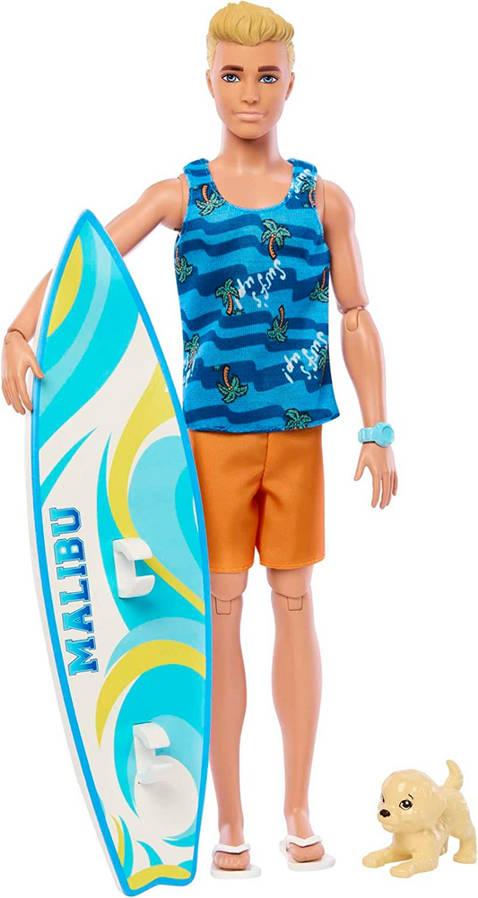 Barbie Boneca Ken com prancha de surfe e cachorrinho de estimação, Barbie loira articulável Ken Boneca de praia com acessórios temáticos como toalha, HPT50