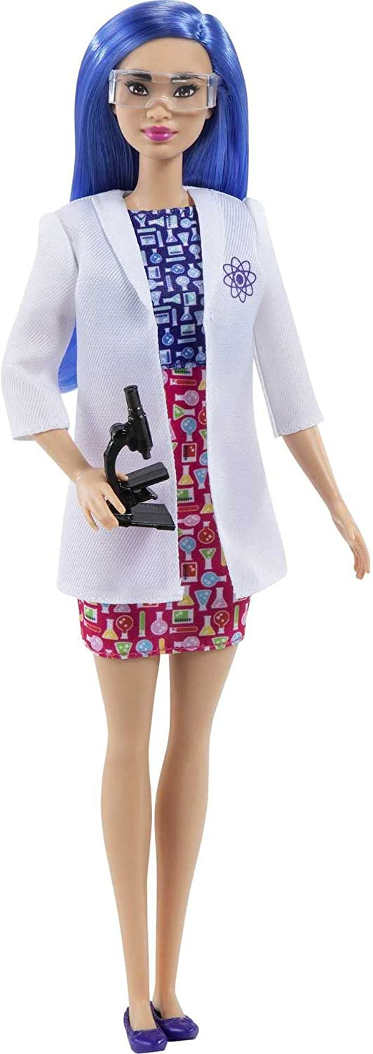 Barbie Boneca cientista (12 polegadas), cabelo azul, vestido colorido, jaleco e sapatilhas, acessório para microscópio, ótimo presente para maiores de 3 anos
