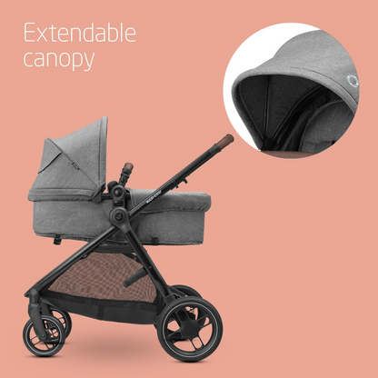 Maxi-Cosi Zelia S Trio 3-em-1 Carrinho de bebê Travel System, 0 - 4 anos, até 22 kg, dobrável, compacto e reclinável carrinho de bebê, com assento de carro CabrioFix S i-Size, acessórios, bolsa de bebê, cinza