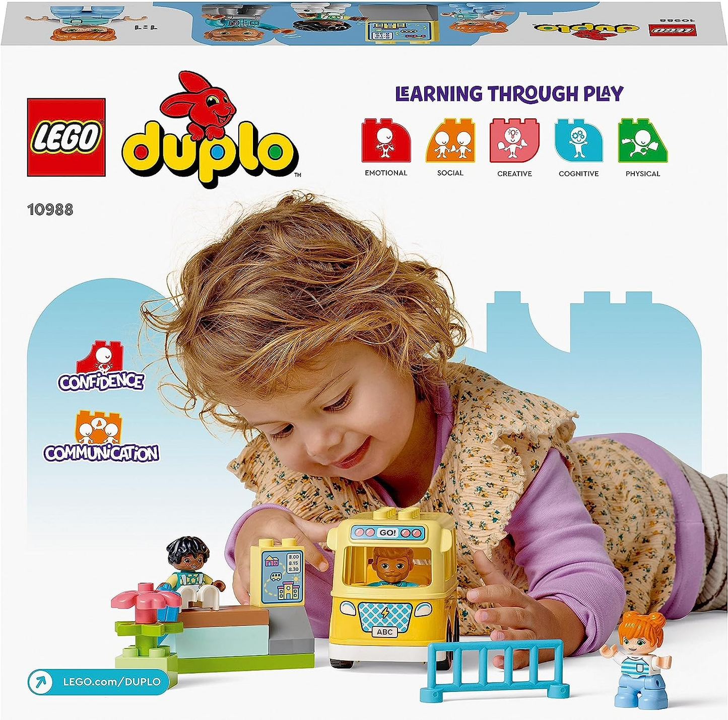 LEGO 10988 DUPLO Set de Viaje en Autobús, Juguete Educativo para Ayudar a Desarrollar Habilidades Sociales y Motrices Finas, con Vehículo y Figuras, Regalo Educativo Preescolar para Niños a Partir de 2 Años, Niños Pequeños, Niños y Niñas