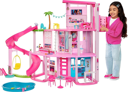 Barbie Dreamhouse, Pool Party Doll House com mais de 75 peças e 3-Story Slide, Barbie House Playset, Pet Elevator e Puppy Play Areas, HMX10