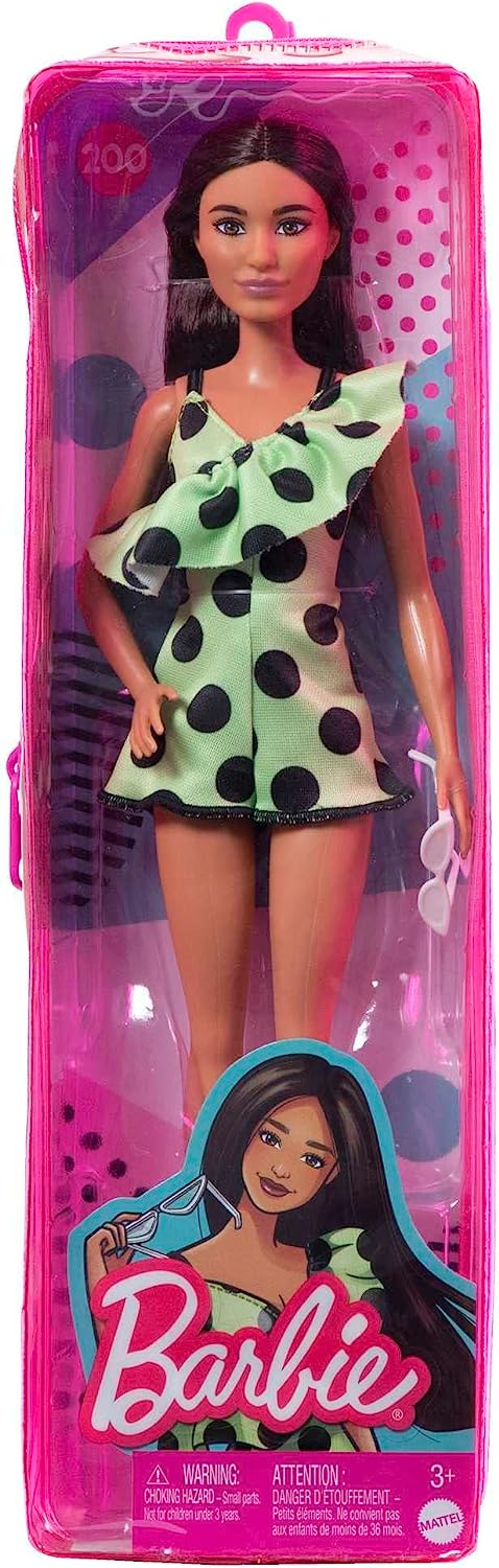 Barbie  Boneca, brinquedos e presentes infantis, morena com macacão de bolinhas, Barbie fashionistas, roupas e acessórios