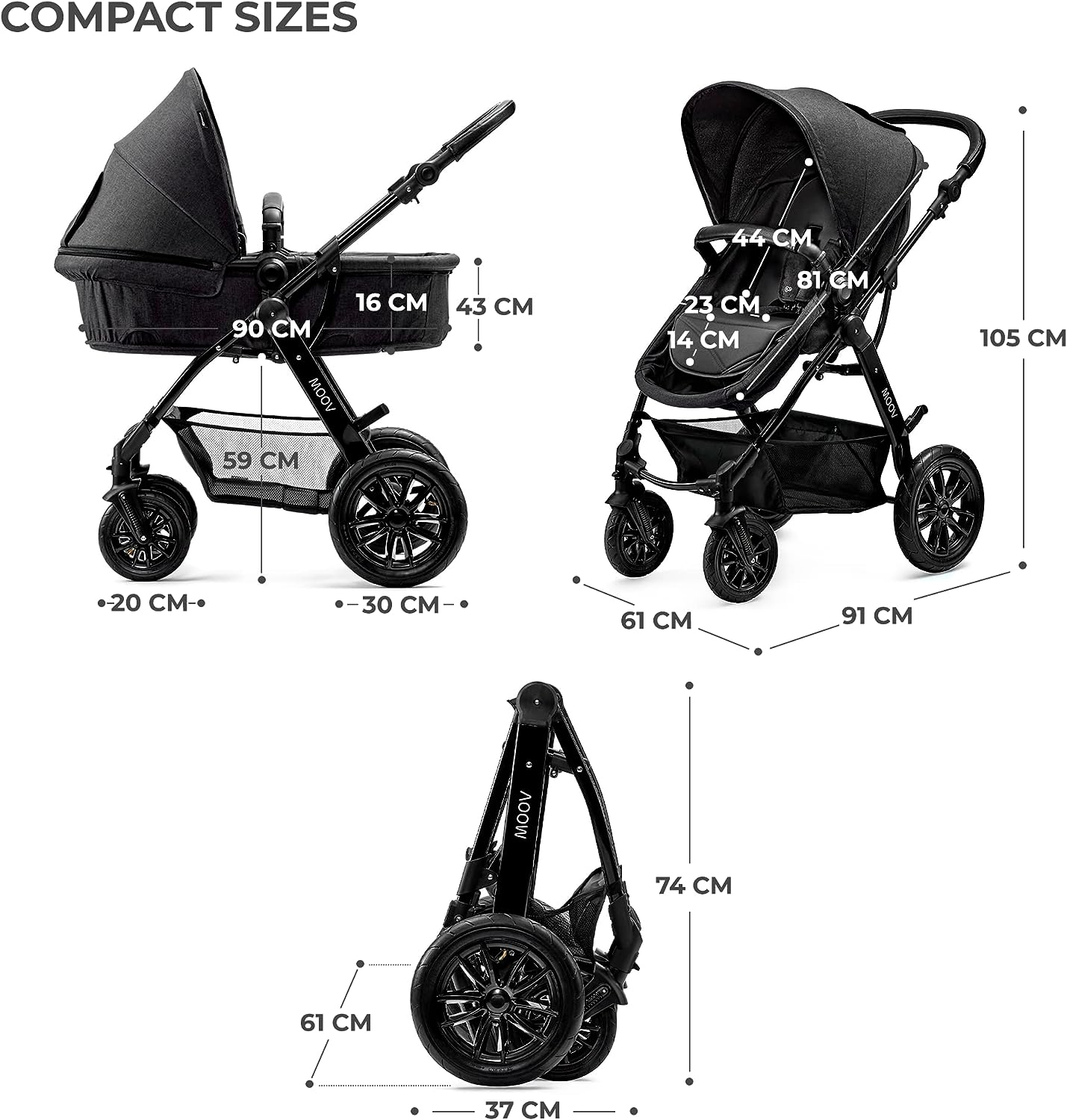 KinderKraft Conjunto de carrinho de bebê 3 em 1 MOOV, sistema de viagem, carrinho de bebê, carrinho, dobrável, com cadeirinha infantil, acessórios, capa de chuva, protetor de pé, para recém-nascido, do nascimento aos 3 anos, preto