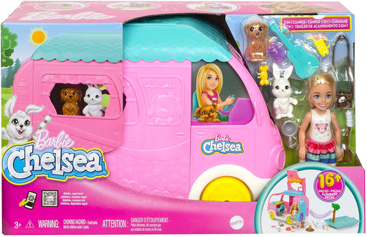 Barbie Camper, Chelsea Juego 2 en 1 con muñeca pequeña, 2 mascotas y 15 accesorios, vehículo que se transforma en campamento, HNH90