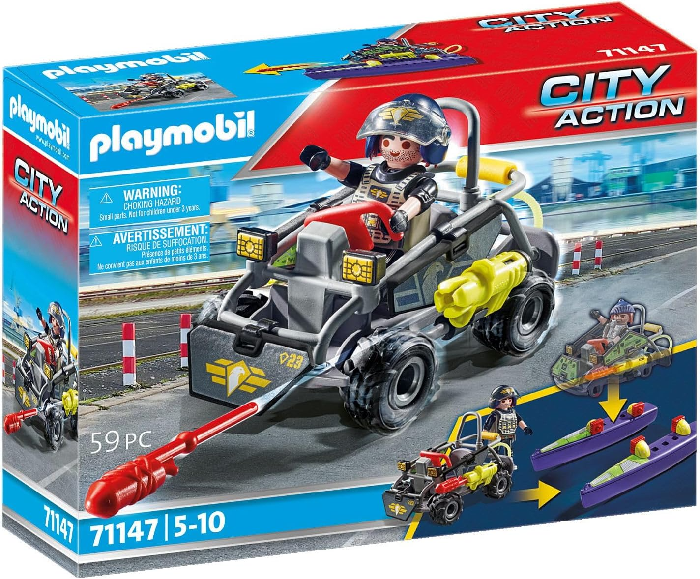 Playmobil 71147 City Action Tactical Multi-Terrain Quad, lancha SWAT conversível, encenação divertida e imaginativa, conjunto de jogos adequado para crianças de 5 anos ou mais