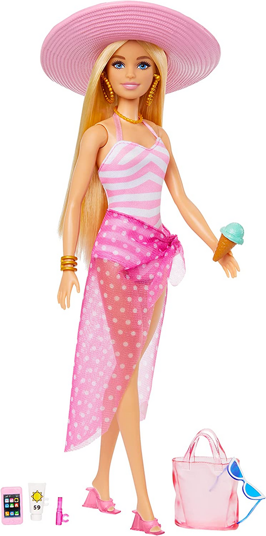 Barbie Boneca com maiô rosa e branco, chapéu de sol, bolsa e acessórios com tema de praia, HPL73