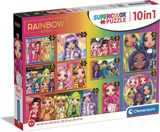 Clementoni 20273 Supercolor 10 em 1 Rainbow High (3x18, 4x30, 2x48 e 1x60 peças) -Quebra-cabeça para crianças de 4 anos, multicolorido