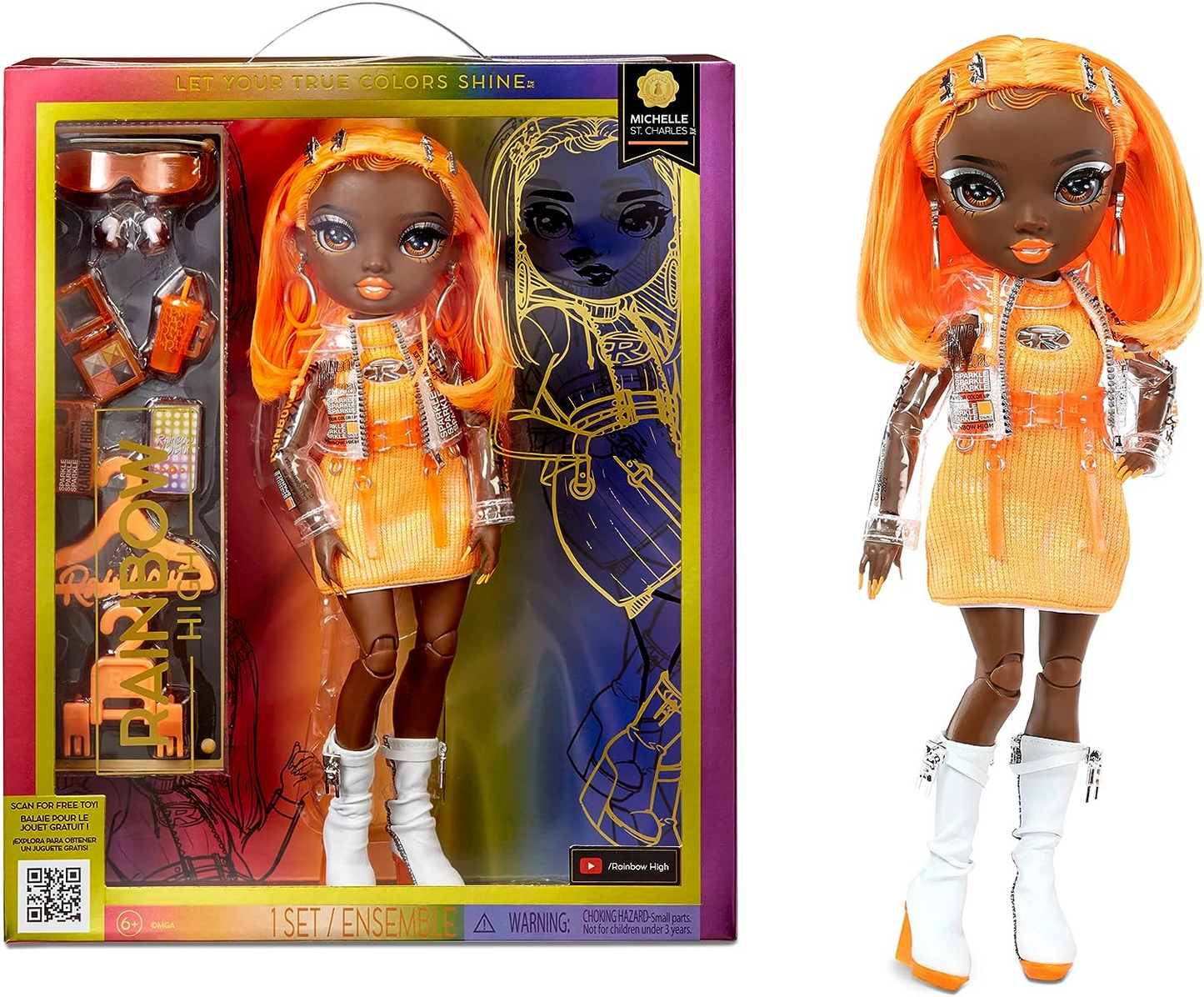 Rainbow High Boneca da moda - MICHELLE ST.CHARLES - Boneca laranja - roupa da moda e mais de 10 acessórios coloridos para brincar - para colecionadores e crianças de 4 a 12 anos