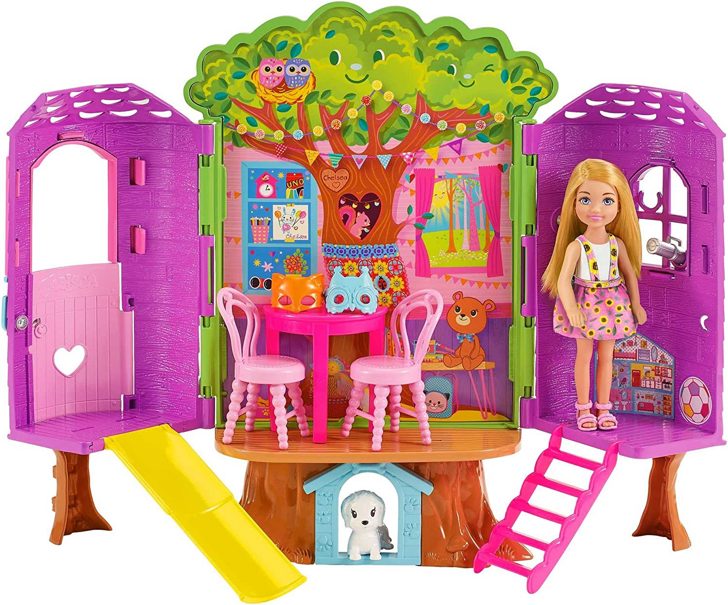 Barbie Chelsea Barbie Doll and Treehouse Playset com Pet Puppy, Dollhouse Inclui Mobília e Slide da Barbie o Filme, 10 e mais Acessórios, HPL70
