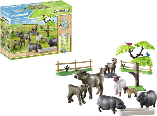 Playmobil  71307 Conjunto de animais rurais com paddock, com animais de fazenda cuidadosamente projetados, como vacas, cabras, ovelhas e porcos barrigudos, dramatizações divertidas e imaginativas, conjuntos de jogos adequados para crianças de 4 anos ou