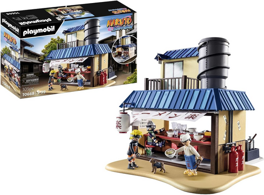 Playmobil 70668 NARUTO SHIPPUDEN Ichiraku Ramen Shop, deliciosa experiência gastronômica na Ramen Shop com Naruto, Kakashi, Teuchi e Pakkun, anime, conjunto colecionável adequado para crianças e fãs com mais de 5 anos