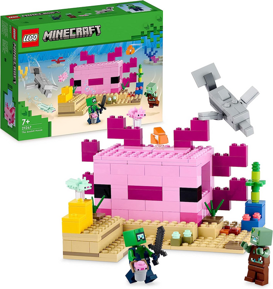 LEGO 21247 Minecraft The Axolotl House Set, base subaquática montável com Diver Explorer, figuras de zumbis e golfinhos e baiacu, brinquedos de aventura para crianças, meninas, meninos com mais de 7 anos