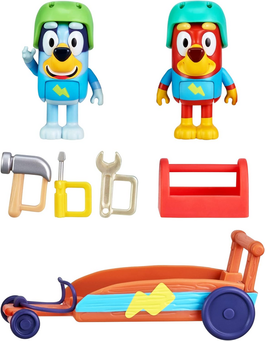 Bluey Playset de kart de Rusty e Bluey; Figuras de ação colecionáveis oficiais de 2,5-3 polegadas Bluey & Rusty com kart, capacetes, ferramentas e acessórios para caixa de ferramentas