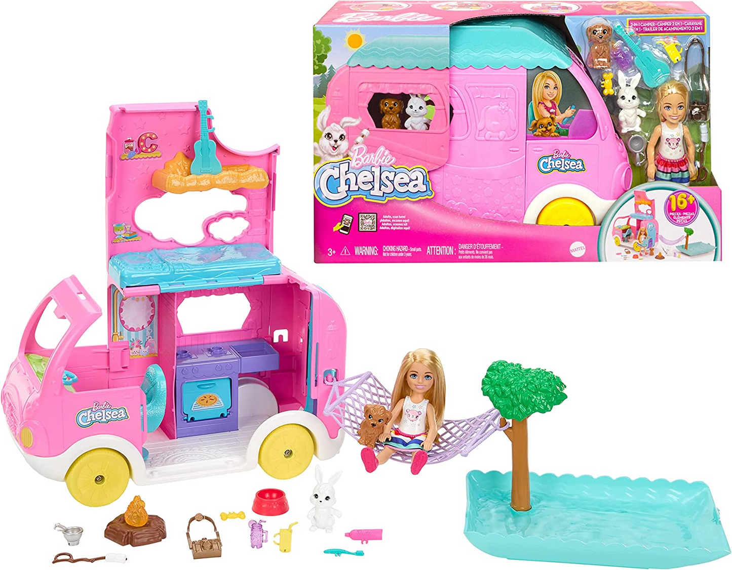 Barbie Camper, Chelsea 2 em 1 Playset com boneca pequena, 2 animais de estimação e 15 acessórios, veículo se transforma em acampamento, HNH90