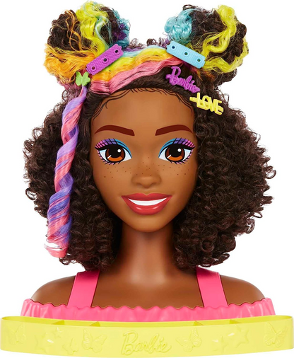 Barbie Cabeça de estilo de boneca de luxo, cabelo totalmente Barbie, cabelo de arco-íris de néon loiro liso, cabeça de boneca para estilo de cabelo, acessórios de revelação de cor, HMD78