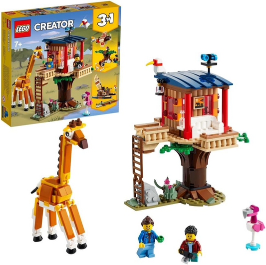 LEGO 31116 - Criador 3 em 1 Safari Wildlife Tree House, catamarã, brinquedo biplano, conjunto de construção com barco, avião e leão de brinquedo para meninas e meninos