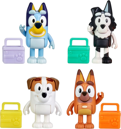 Bluey Pack de 4 compañeros de colegio; Figuras de acción coleccionables oficiales de Bluey de 2,5 a 3 pulgadas que incluyen a Jack, Pretzel y Mackenzie con sus propios accesorios para lonchera.