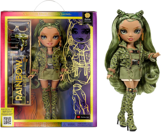 Rainbow High Boneca da moda - OLIVIA WOODS - Boneca verde camuflada - roupa da moda e mais de 10 acessórios coloridos para brincar - para colecionadores e crianças de 4 a 12 anos
