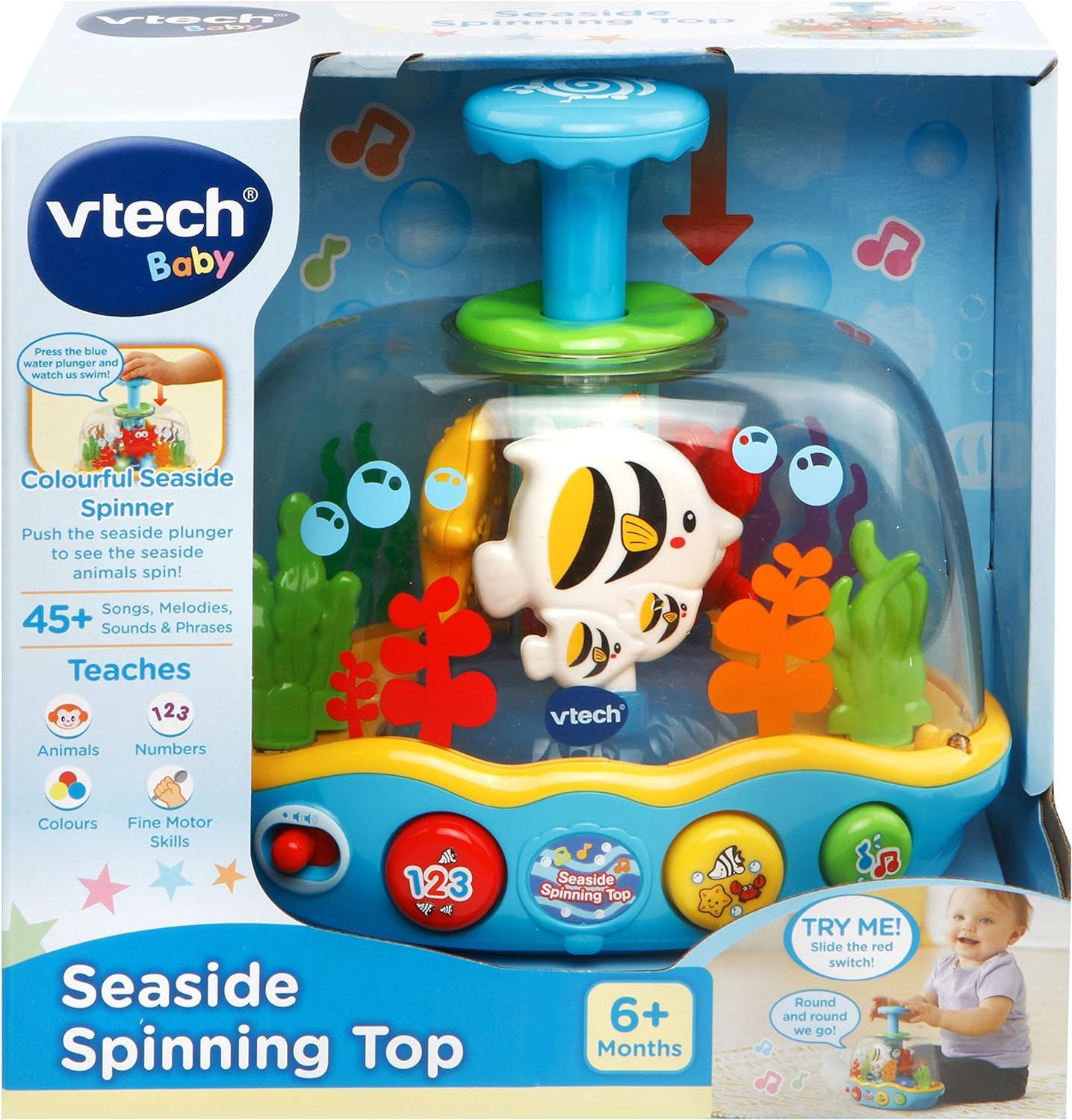 VTech Pião à beira-mar, brinquedo sensorial para bebês com música, luzes e cores, brinquedo interativo para bebês para brincadeiras sensoriais, brinquedo educativo com números e animais marinhos, brinquedo de aprendizagem para bebês de 6 meses +