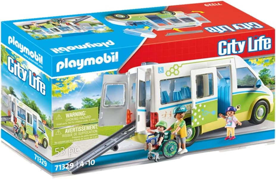 Playmobil 71329 Ônibus escolar City Life, ônibus escolar grande com porta deslizante e rampa dobrável para cadeira de rodas, brinquedo educativo, dramatização divertida e imaginativa, conjuntos de jogos adequados para crianças de 4 anos ou mais