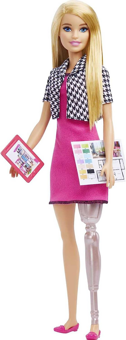 Barbie Boneca designer de interiores, loira, vestido rosa e jaqueta Houndstooth, perna protética, tablet e folha de design, ótimo presente para crianças de 3 anos ou mais