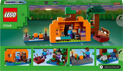 LEGO 21248 Minecraft The Pumpkin Farm Set, casa de brinquedo montável com sapo, barco, baú do tesouro e figuras de Steve e bruxa, brinquedos de ação do bioma do pântano, presente para crianças, meninos, meninas