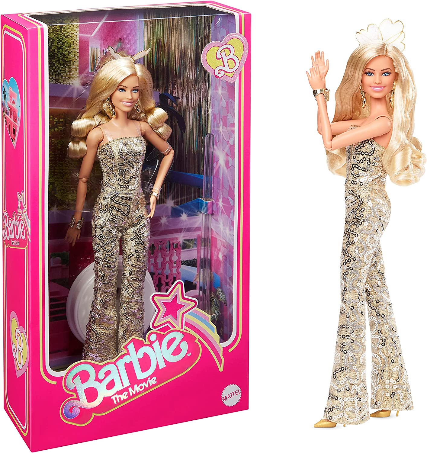 Barbie A Boneca do Filme, Margot Robbie como Barbie, Boneca Colecionável Vestindo Macacão Disco Dourado com Cachos Brilhantes e Saltos Dourados, HPJ99