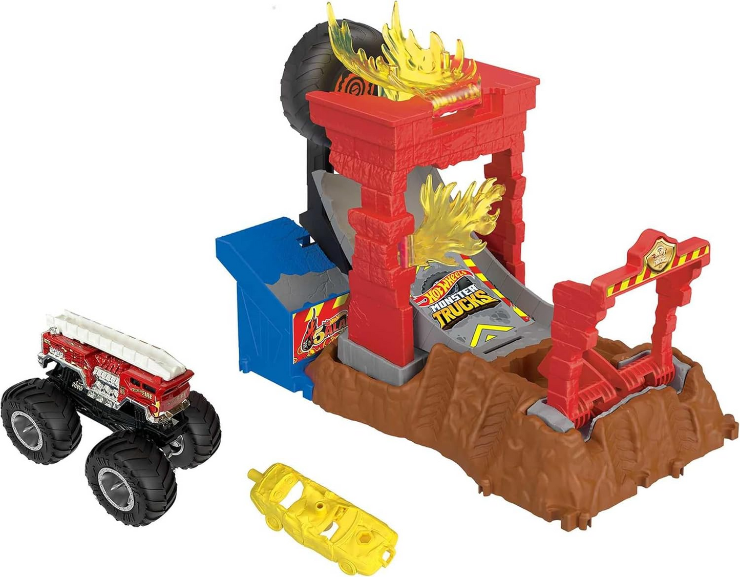 Hot Wheels Monster Trucks Arena Smashers Playset de desafio de colisão de incêndio com 5 alarmes com caminhão de brinquedo de 5 alarmes e 1 carro esmagável, HNB90