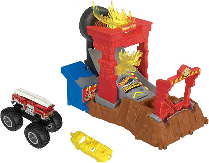 Hot Wheels Monster Trucks Arena Smashers Playset de desafio de colisão de incêndio com 5 alarmes com caminhão de brinquedo de 5 alarmes e 1 carro esmagável, HNB90