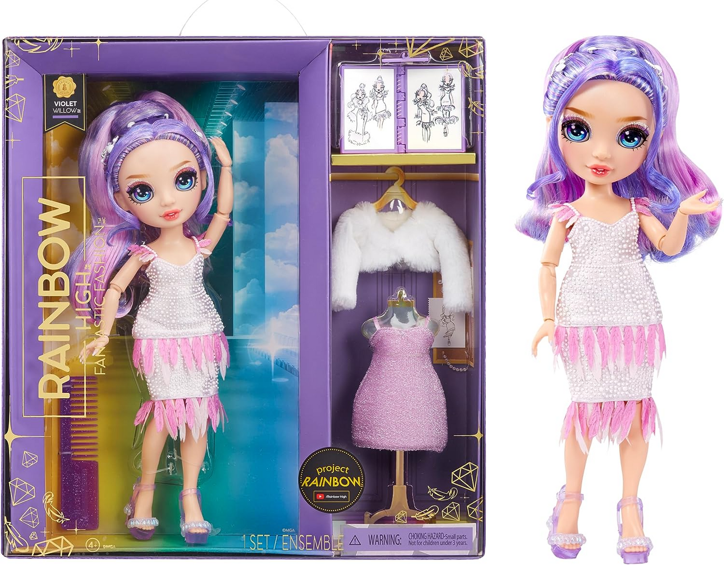 Rainbow High Fantástica boneca fashion - VIOLET WILLOW - Boneca fashion roxa de 11" e conjunto de brinquedos com 2 roupas e acessórios de moda - Ótimo para crianças de 4 a 12 anos de idade