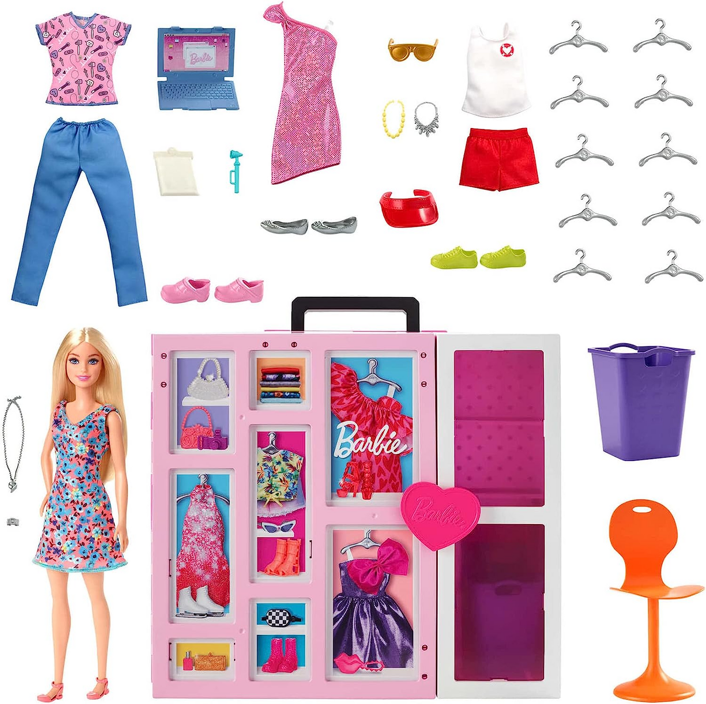 Barbie Conjunto de armário de bonecas e sonhos com roupas e acessórios, mais de 30 peças e mais de 15 áreas de armazenamento, HGX57