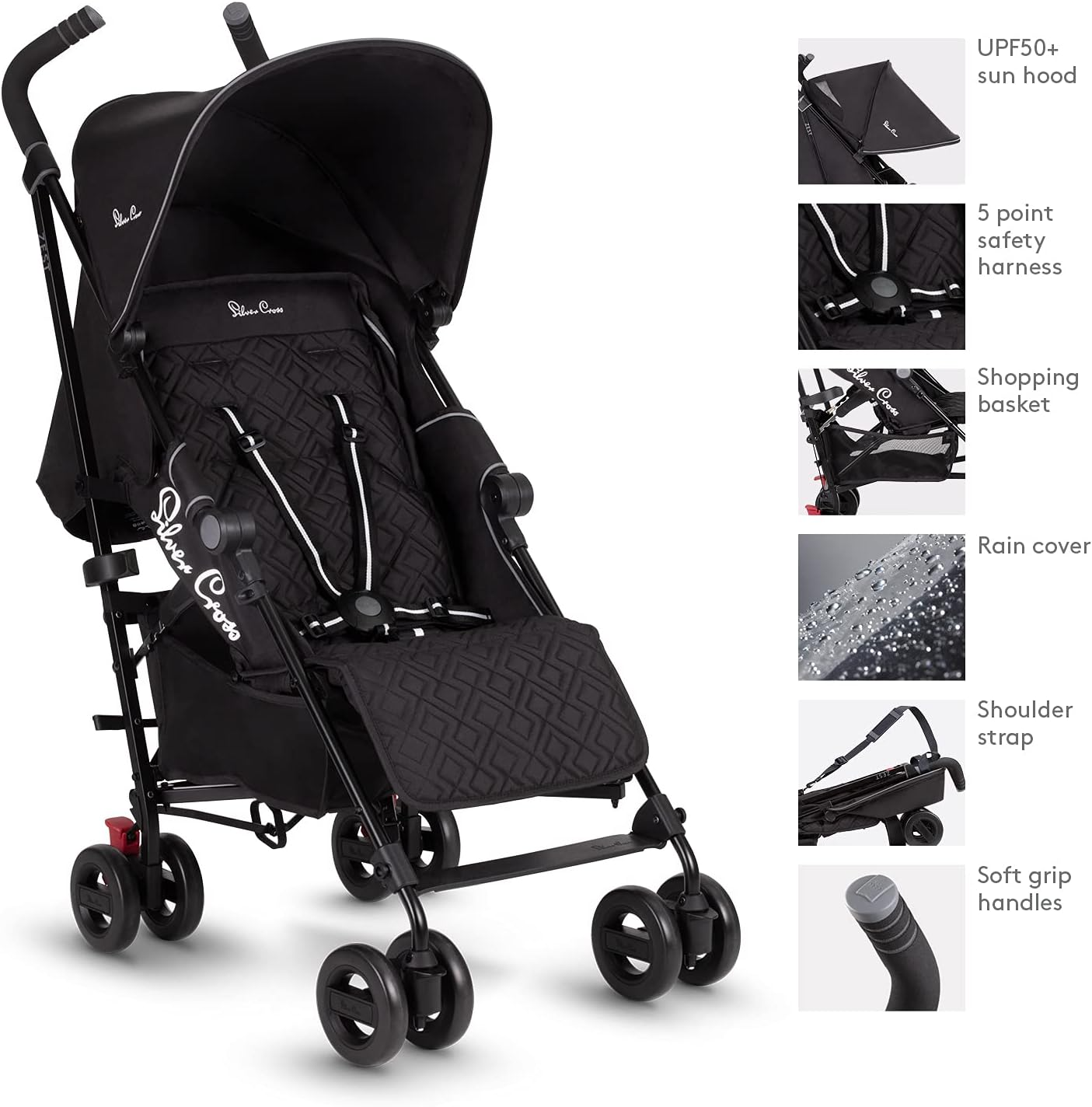 Silver Cross Carrinho Zest, compacto e leve, carrinho de bebê totalmente reclinável para criança – preto (novo)