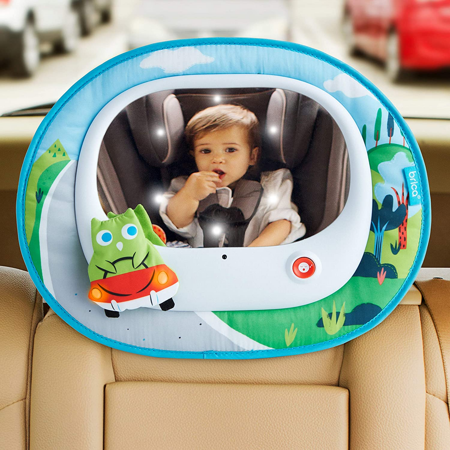 Munchkin  Cruisin' Baby In-Sight Owl Car Mirror, 8 músicas divertidas e melodias suaves, sincronizadas com show de luzes LED, desligamento automático da bateria