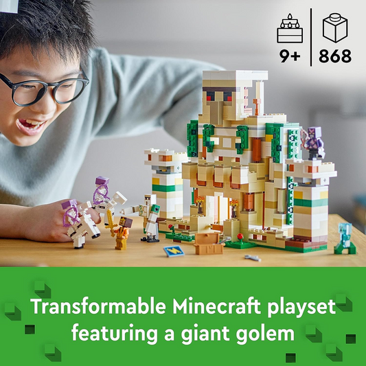 LEGO 21250 Minecraft Iron Golem Fortress, castillo de juguete para construir que se transforma en una gran figura, con 7 personajes incluidos. Caballero de Cristal, Jinetes Esqueletos y un Creeper Cargado