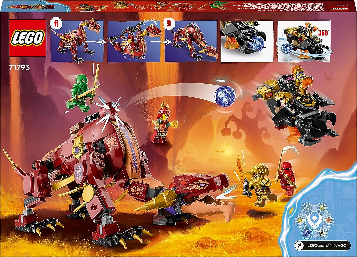LEGO 71793 NINJAGO Brinquedo de dragão de lava transformador de onda de calor, conjunto da série Dragons Rising com figura de criatura mítica, além de minifiguras de Kai e Lloyd