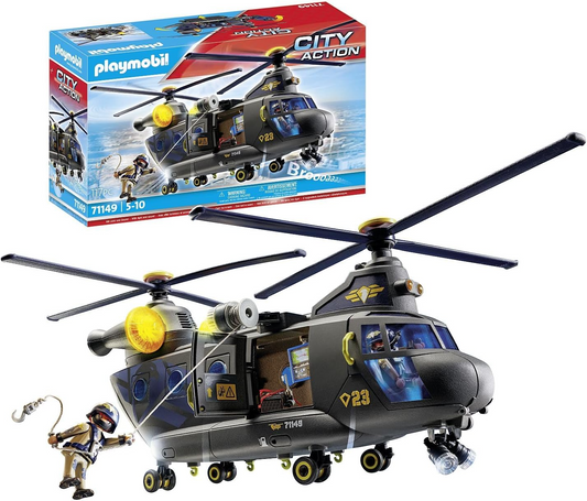 Playmobil 71149 Helicóptero de hélice dupla da polícia tática de ação urbana, helicóptero de resgate SWAT altamente detalhado com módulo de luz e som, encenação divertida e imaginativa, conjunto de brinquedos adequado para crianças de 5 anos ou mais