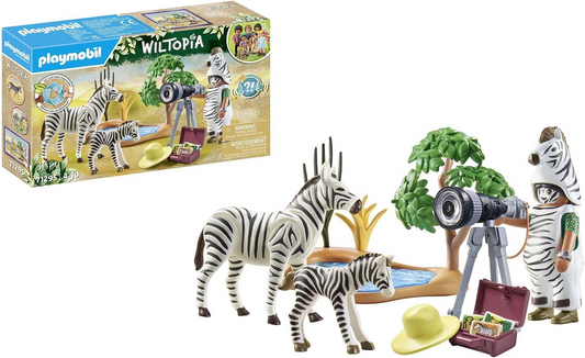 Playmobil 71295 Wiltopia Fotógrafo com Zebras, explorando o reino animal, brinquedo educativo feito de material sustentável, dramatização divertida e imaginativa, conjuntos de jogos adequados para crianças a partir de 4 anos