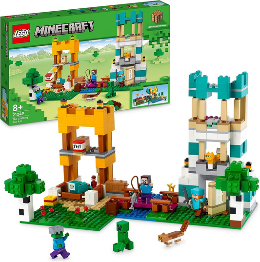 LEGO 21249 Minecraft The Crafting Box 4.0, Playset 2 em 1; Construa River Towers ou Cat Cottage, com Alex, Steve, Creeper e Zombie Mobs Figures, Action Toys for Kids, Boys, Girls