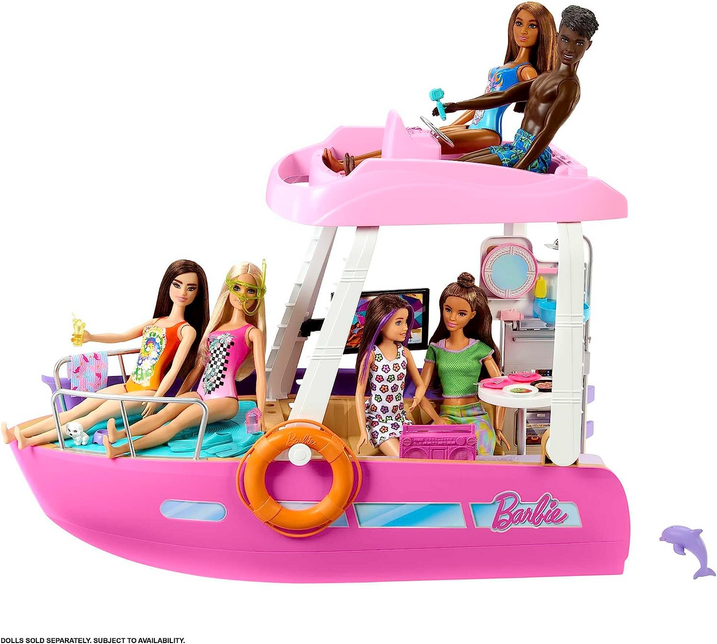 Barbie   Barco com piscina e toboágua, Dream Boat Playset inclui mais de 20 peças como golfinhos e acessórios, HJV37