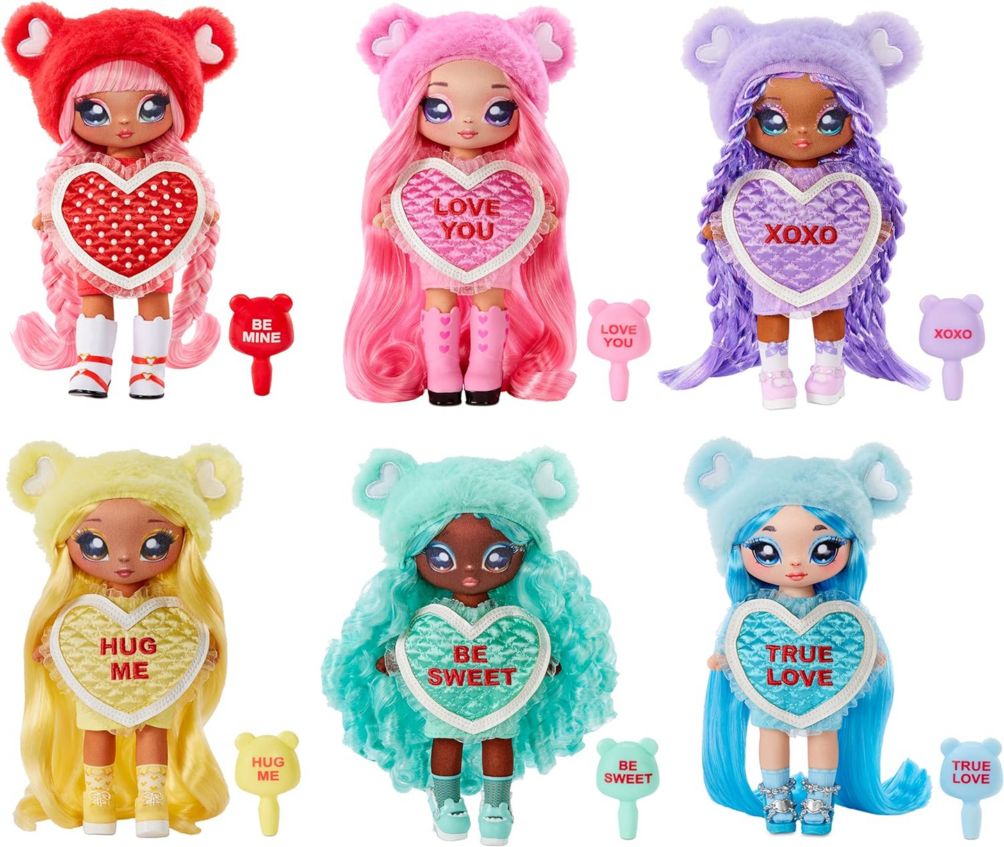 Na! Na! Na! Surprise 581314C3 Sweetest Heart Series Eva Evermore Boneca de pelúcia macia com cabelo roxo, vestido em formato de coração e escova para colecionar, ótimo presente para crianças a partir de 5 anos