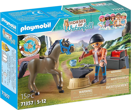 Playmobil  71357 Cavalos da Cachoeira - Farrier Ben e Aquiles, cuidados interativos com cavalos no Waterfall Ranch, encenação divertida e imaginativa, conjuntos de jogos sustentáveis adequados para crianças a partir de 5 anos