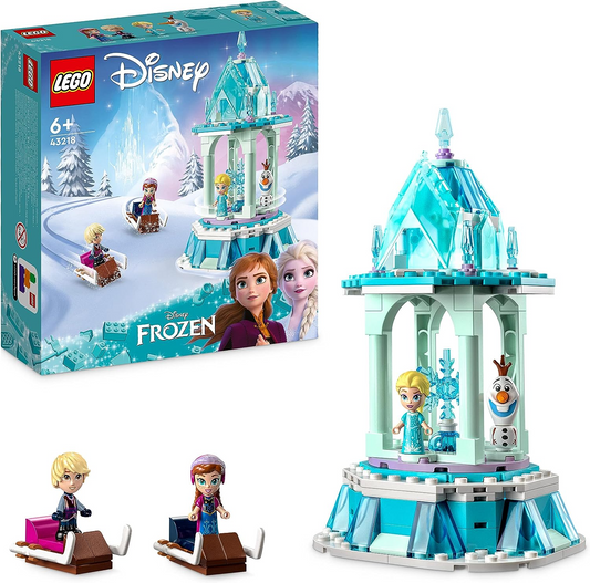 LEGO 43218 Disney Princess Anna e Elsa's Magical Merry-Go-Round, Frozen Castle inspirado Playset com Princess Micro Dolls e Olaf Figure, brinquedo de presente para crianças, meninas e meninos com mais de 6 anos