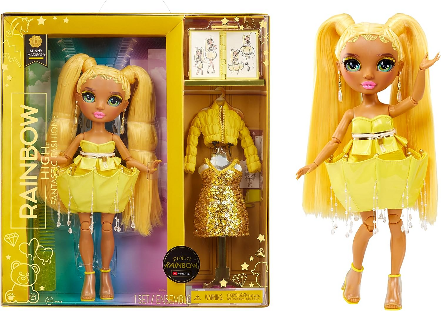 Rainbow High Fantástica boneca fashion - SUNNY MADISON - Boneca fashion amarela de 11" e conjunto de brinquedos com 2 roupas e acessórios de moda - Ótimo para crianças de 4 a 12 anos
