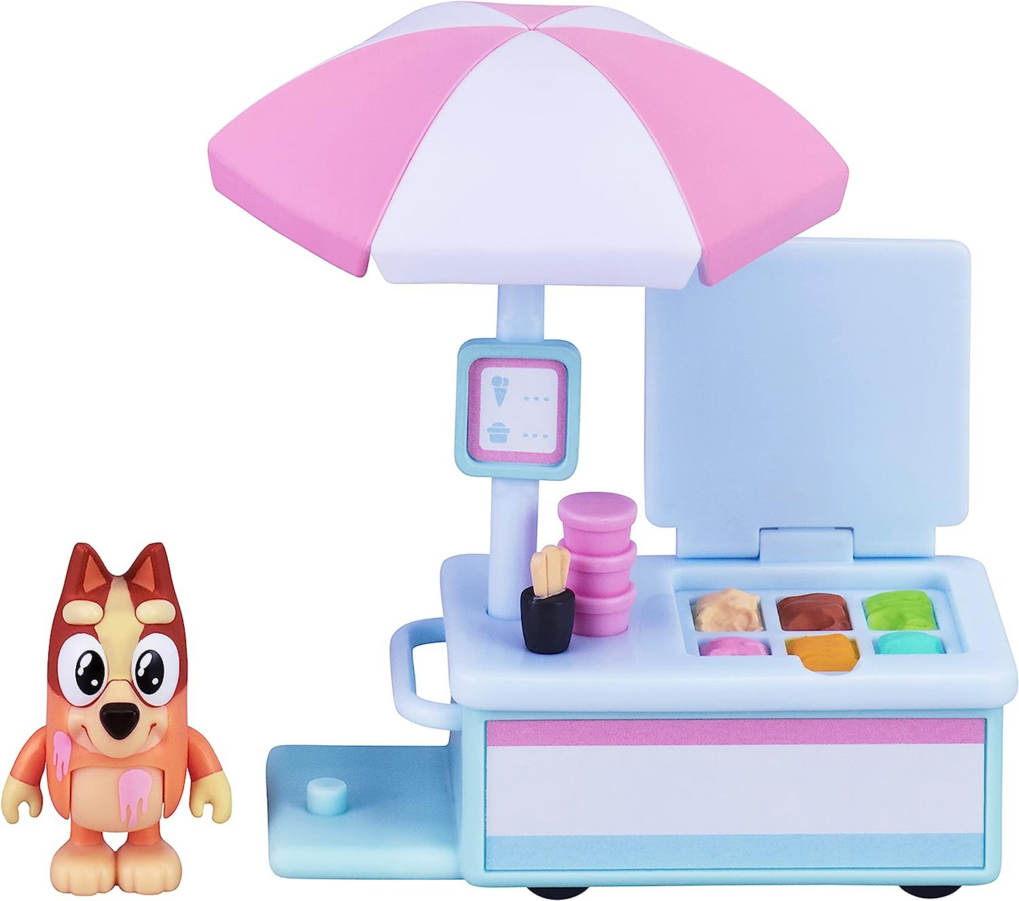 Bluey Playset de veículo de sorvete do Bingo com boneco de ação de personagem colecionável oficial de 2,5-3 polegadas com seu carrinho de sorvete